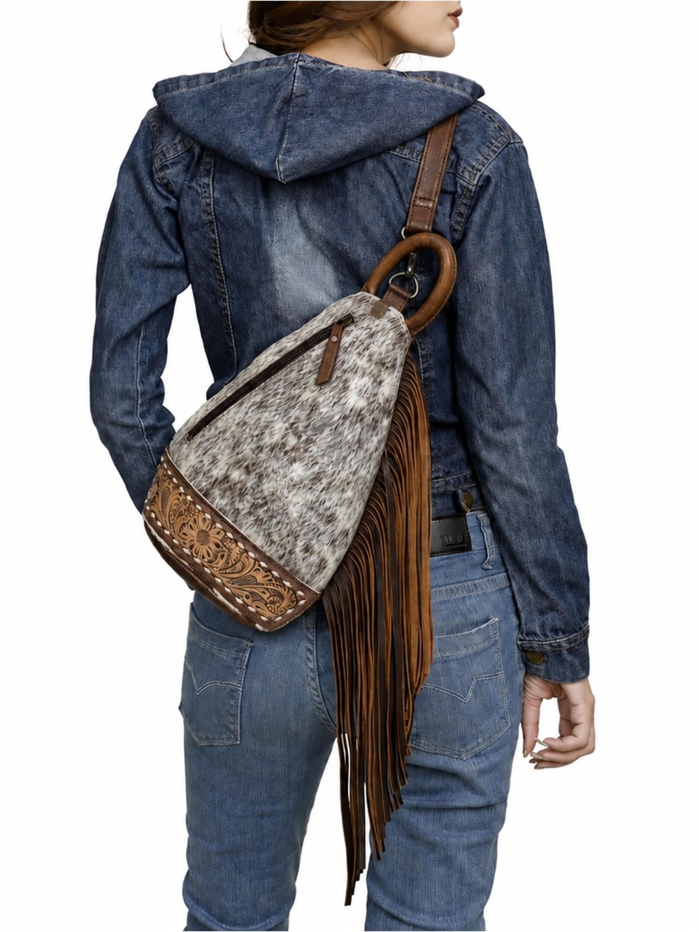 American Darling Hair-On Cowhide Leather Fringe Sling Backpack BNWT